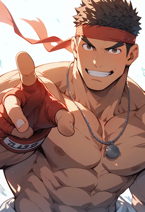 ryu from street fighter is shirtless and reaching out his hand