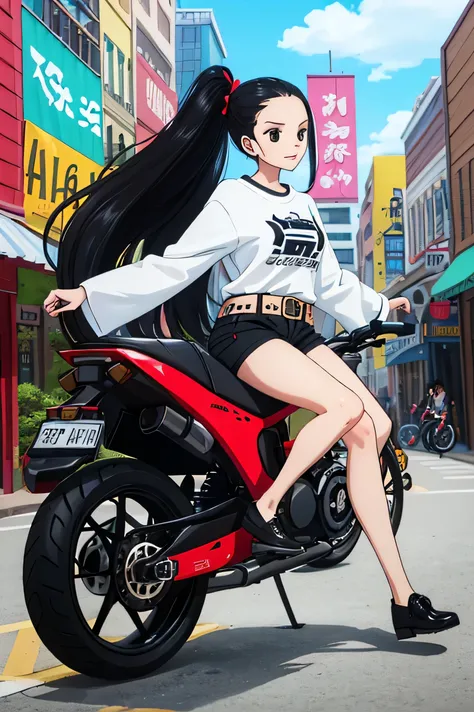 1girl, focus face, cute, forehead, middle parted hair, long hair, straight hair, black hair, black long sleeve shirt, black belt, black shorts, shoes, riding a motorcyle, street, City, outside, luxurious buildings, high quality, masterpiece