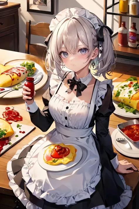 (cute maid costume, black frills skirt, white frills apron, intricate lace, black bow ribbon), (omelette, heart shape by ketchup source on the omelette, have a ketchup source bottle, drawing a heart on the omelette by the ketchup source),



