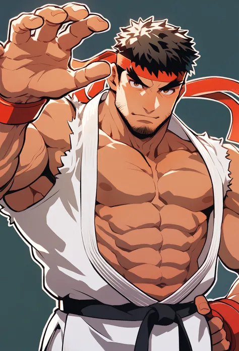 ryu from street fighter is shirtless and reaching out his hand