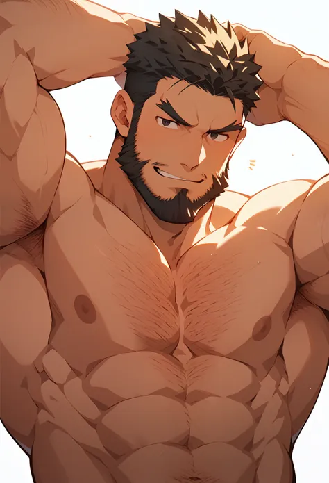 ryu from street fighter is completely naked and has his arms outstretched to accept a hug, chest hair, thin beard,