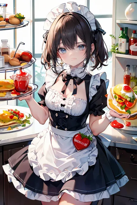 (cute maid costume, black frills skirt, white frills apron, intricate lace, black bow ribbon), (omelette, heart shape by ketchup source on the omelette, have a ketchup source bottle, drawing a heart on the omelette by the ketchup source),



