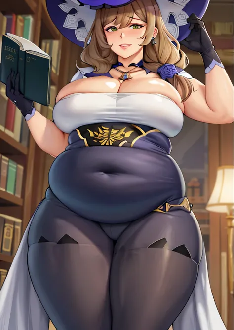 fat, big, belly, overweight, lisa genshin impact, reading a book