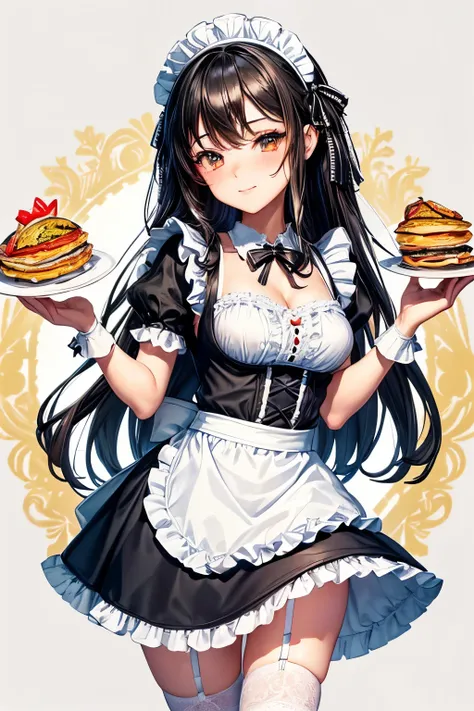 (cute maid costume, black frills skirt, white frills apron, intricate lace, black bow ribbon), (omelette, heart shape by ketchup source on the omelette, have a ketchup source bottle, drawing a heart on the omelette by the ketchup source),