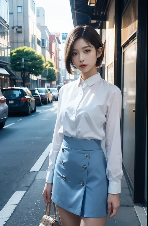 Best Quality,masterpiece,32K,Sharp focus,150mm,1 1 1.4,Professional Lighting,Cinematic Lighting,Natural Light Profile,Slim and smooth lines,Beautiful Japanese woman,2 girl,standing,street,short hair,Light brown hair,Light blue dress shirt,skirt,Cheerful,Pu...