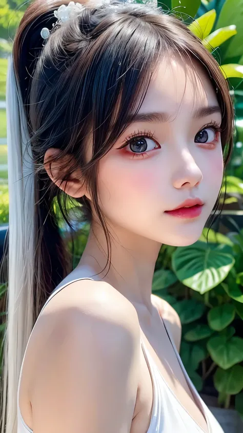 One Girl，Very cute girl at ，Big eyes，The face is facing straight ahead，Body facing forward，Beautiful nose，Fuller lips，Short black hair，ponytail，Detailed eyelashes，Thin eyebrows，Symmetrical eyes，Face close-up，White swimsuit，Portrait，View Viewer、Princess Cos...