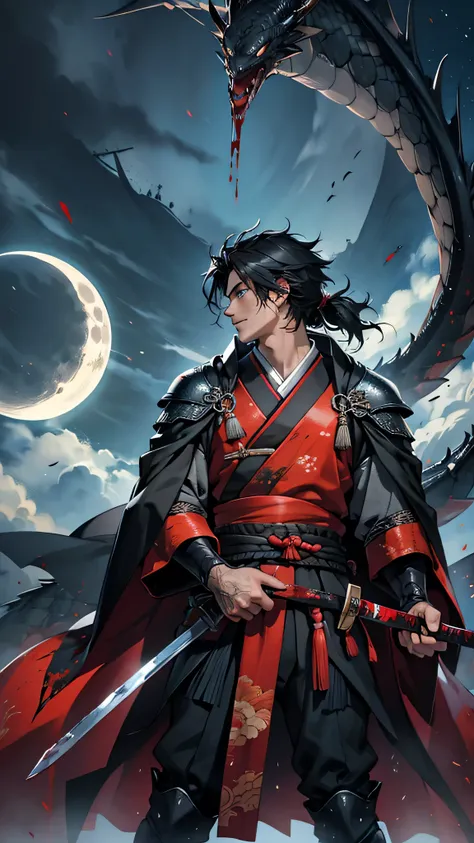 最high quality、Best image quality、masterpiece、male((20th Generation, samurai、Black Hair、thin、Show the whole body、Blue Eyes、Muscular,Black hero suit、Full body dragon tattoo,Black Cape)）high quality、Beautiful art、background((Japan、Blood splatter、night、moon)),...