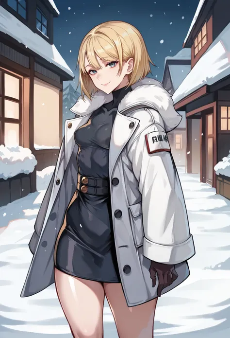 score_9, score_8_up, score_8, 1 adult woman, petite, rating_safe, small breasts, perky breasts, blonde hair, bob cut, black irises, thick thighs, looking at viewer, shiny skin, half Russian, half Japanese, smile, winter, warm clothes, long coat