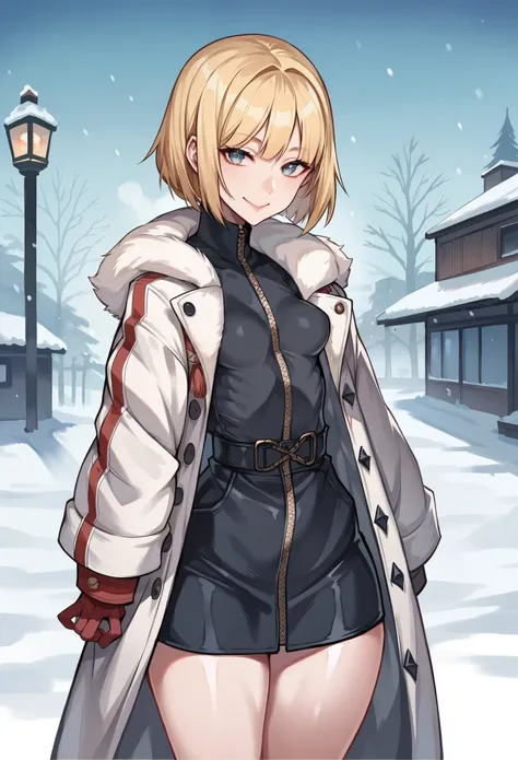 score_9, score_8_up, score_8, 1 adult woman, petite, rating_safe, small breasts, perky breasts, blonde hair, bob cut, black irises, thick thighs, looking at viewer, shiny skin, half Russian, half Japanese, smile, winter, warm clothes, long coat