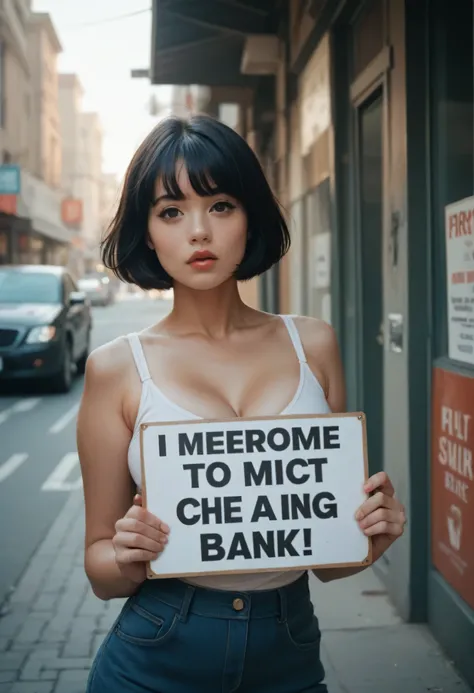 Hipperrealistic anime girl with short black hair and big breasts holding a blank sign

