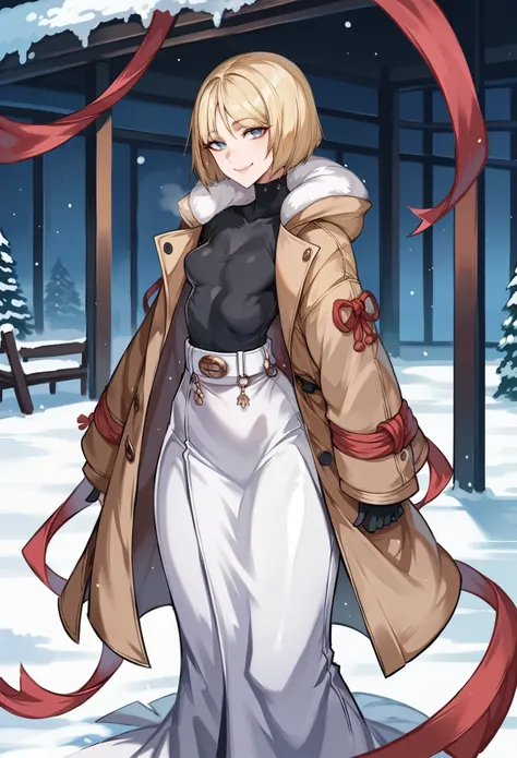 score_9, score_8_up, score_8, 1 adult woman, petite, rating_safe, small breasts, perky breasts, blonde hair, bob cut, black irises, thick thighs, looking at viewer, shiny skin, half Russian, half Japanese, smile, winter, warm clothes, long coat, long skirt