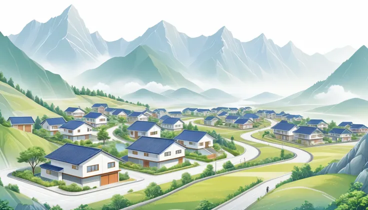 Many modern two-story buildings were built on the flat land between the mountains.，Mass Housing, City, Many buildings, Residential area, Big scene，Depth，Clean roads，Mainly line illustrations，Simplicity