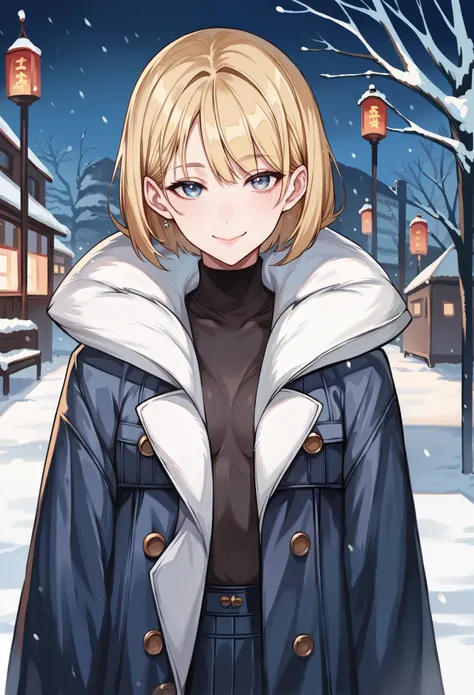 score_9, score_8_up, score_8, 1 adult woman, petite, rating_safe, small breasts, perky breasts, blonde hair, bob cut, black irises, thick thighs, looking at viewer, shiny skin, half Russian, half Japanese, smile, winter, warm clothes, long coat, long skirt...