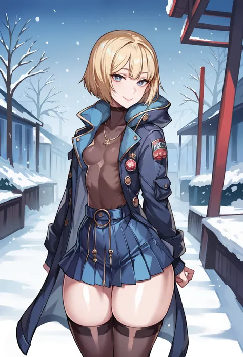 score_9, score_8_up, score_8, 1 adult woman, petite, rating_safe, small breasts, perky breasts, blonde hair, bob cut, black irises, thick thighs, looking at viewer, shiny skin, half Russian, half Japanese, smile, winter, warm clothes, long coat, micro-mini...