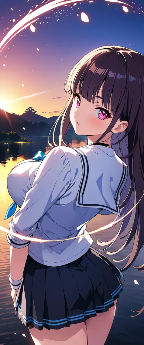 anime girl with long hair standing in front of a lake