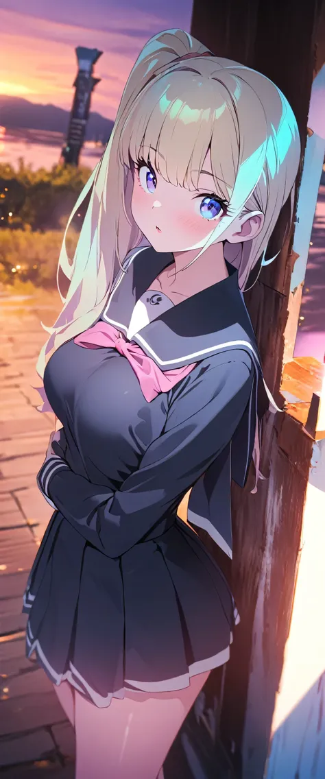 anime girl with long blonde hair and blue eyes standing in front of a pole