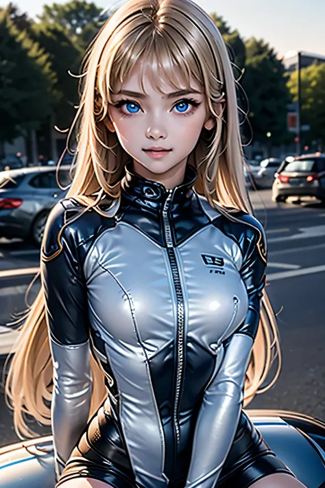 masterpiece,Best Quality,Very detailed,Beautiful girl riding a motorcycle, teenager,Rider Suit,Small breasts,Narrow waist,Blonde,Perfect Blue Eyes,Very cute,Active pose