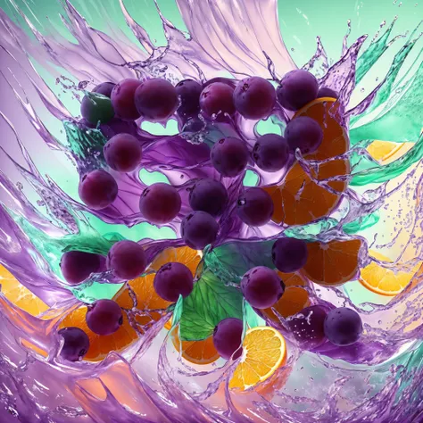 (Separated from the stem, mint leaves and Purple grapes gracefully soar, accompanied by bursting orange slices And broken ice, Create stunning splashes. lit from above, 8K footage captures dramatic contrasts and the creative process, Features bright, cinem...