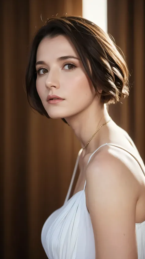 a beautiful portrait of a woman with short hair, wearing a white dress, half body portrait, looking up