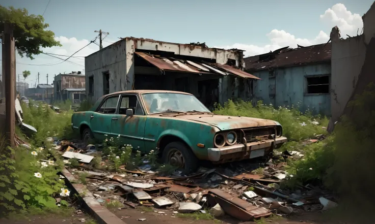 rusty Old Cars in front of a dilapidated building with overgrown vegetation, Abandoned car, Abandoned vehicles, Dusty and abandoned Shinjuku, abandoned garage, Post-apocalyptic Tokyo, Rusty vehicle, Garbage dump, Many abandoned cars, Crashed car, Destroyed...