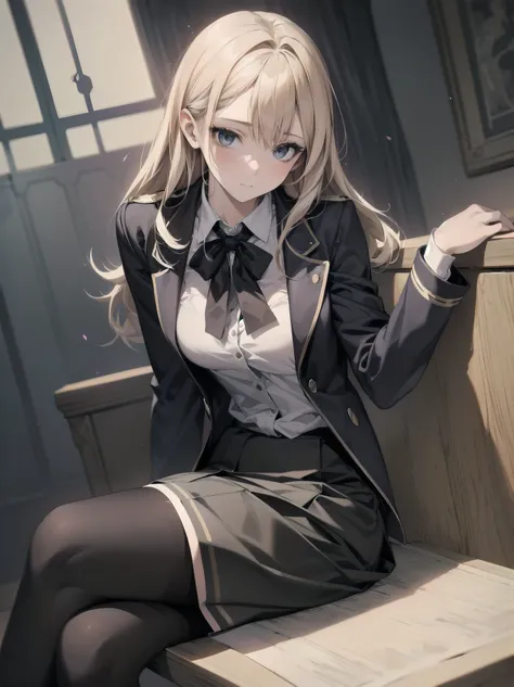 Masterpiece, photogravure style, 2D, one girl, solo, beautiful girl in an elegant school uniform, sitting gracefully, dynamic angles, detailed uniform design, prissy skirt, black tights, soft expression, cinematic lighting, ultra-detailed