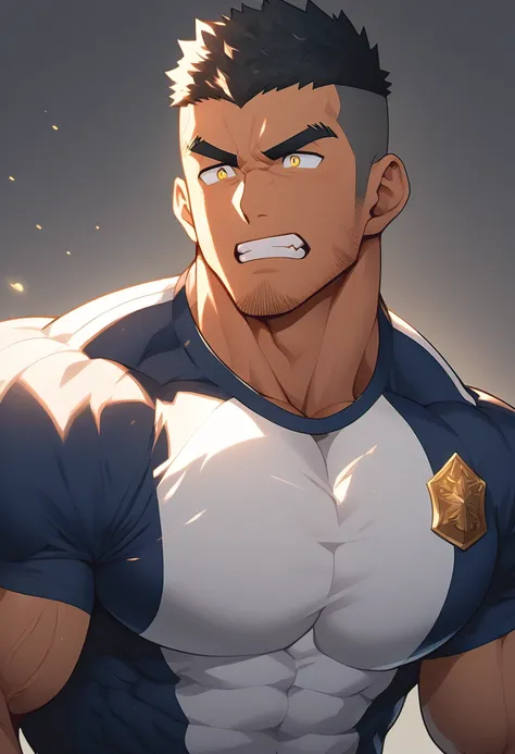 anime characters：Gyee, Young Muscle Sports Sexy Police, negro black skin, Manliness, male focus, White tights, Very tight, muscular male, Huge and round chest muscles, Perfect muscle waist, only, Upper body, alone, Black short hair, Thick eyebrows, stubble...