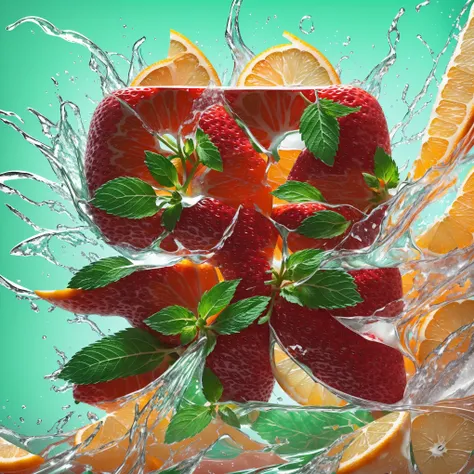 (Separated from the stem, mint leaves and strawberry gracefully soar, accompanied by bursting orange slices And broken ice, Create stunning splashes. lit from above, 8K footage captures dramatic contrasts and the creative process, Features bright, cinemati...