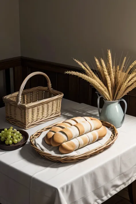 Table with a white tablecloth, a basket of bread, a bunch of grapes next to the basket with wheat, an open book

