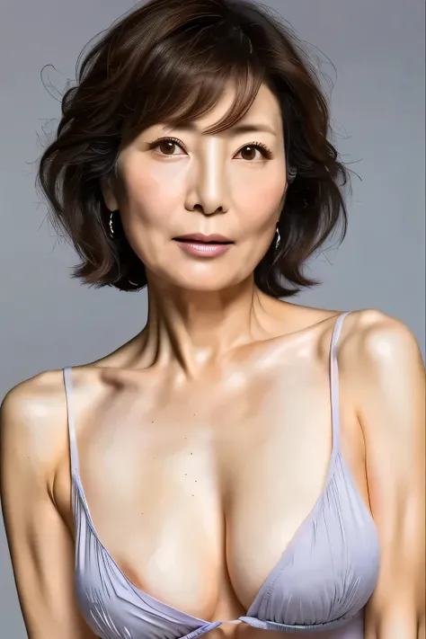 (Best Quality,16k,masterpiece),Anatomically correct,Beautiful mature woman,Very beautiful Japanese model,Mature Woman,
Simple Mature Woman,Pixie Cut,40 years old,He was wearing a white shirt,Realistic wrinkled big breasts,
(Studio shot,Gray background),