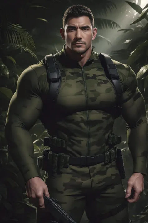 Muscular police officer with his mouth open and screaming..，Khaki camouflage uniform，Character Conception（Resident Evil - Chris Redfield，Chris Redfield）Senior Police Officer，Wearing a khaki camouflage diving suit，Matte texture，Regular symmetrical texture p...