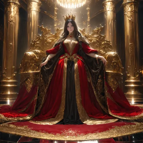 "Wide shot, full-body portrait of a majestic queen, standing confidently in an opulent throne room. She has mesmerizing, beautiful eyes and a flawless face with long, flowing dark hair. She wears an elegant, Victorian-inspired velvet royal gown with cascad...