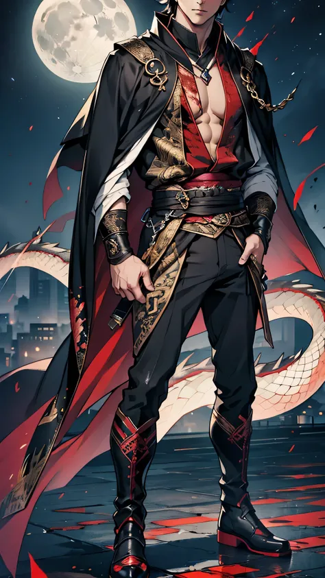 最high quality、Best image quality、masterpiece、male((20th Generation, Black Hair、thin、Show the whole body、Blue Eyes、Muscular,Black suit、Full body dragon tattoo,Black Cape、Standing with your legs apart)）high quality、Beautiful art、background((Japan、Blood splat...