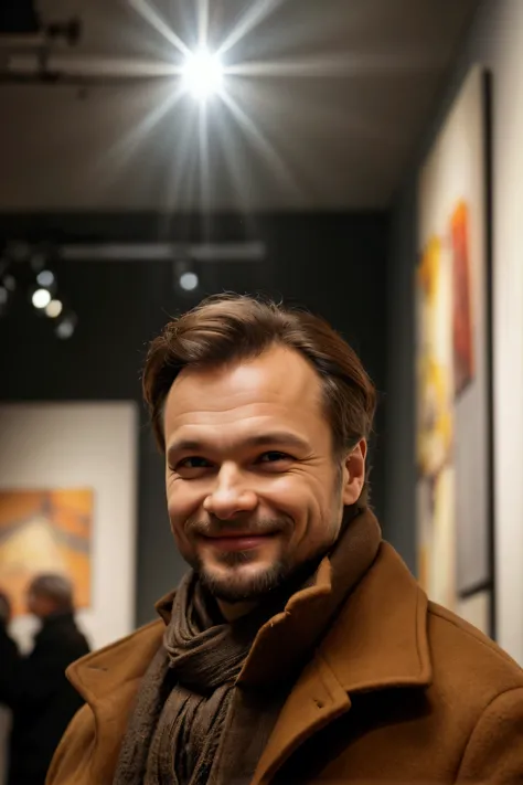 film texture, from bottom, close up, a russian man with a brown coat, with gray shawls, cute, round face, his head towards his s...