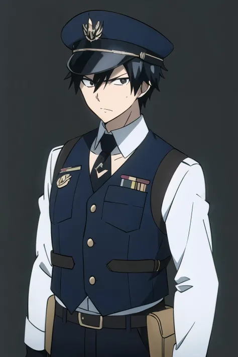 masterpiece, best quality, illustration, 1boy, solo, male focus, looking at viewer, upper body, depth of field, gray_fullbuster, black hair, black eyes, muscular body, spiked hair,  badges, (white uniform), long-sleeves, (black bulletproof vest), utility b...