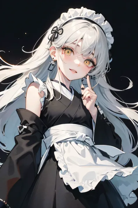 Long Hair、Black nails、Put your hands together、Japanese style maid outfit、Cool adult woman、Black cross earrings、Smile and tilt your head、Image from below、Slit eyes、Suspicious atmosphere、A simple black background、Lightless目、Lightless、Yellow Eyes、Dull white h...