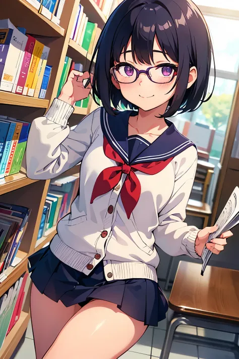 Elementary school student, , toddler, flat chest, black hair, short bob, glasses, purple eyes, embarrassed expression, blushing smile（（One person）） A light brown cardigan over a white long-sleeved sailor suit　　Navy blue mini skirt　White panties （（I can see...