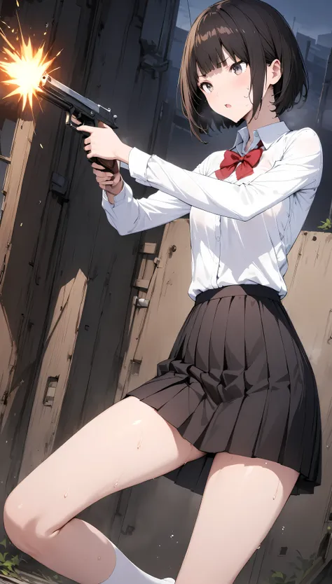 Gun action scene、((masterpiece,Best Quality:1.3,best quality illustrations)),cowboy shot,1 woman,young adult,(short bob cut hair),black hair,very small head:1.2, bangs,gray eyes,(gorgeous eyes),Heavy breathing、very long body,medium breasts,(School uniform,...