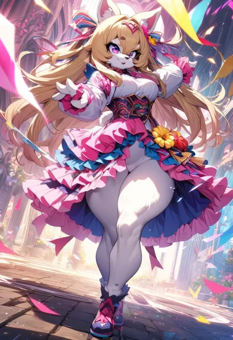 best quality, amazing quality, very aesthetic, absurdres, 1 female, (furry, kemono:1.3), rabbit, beautiful face, detailed face, detailed eye, thick thighs, perfect anatomy, break, Action posing, dynamic angles, full body, An anme character with blonde hair...