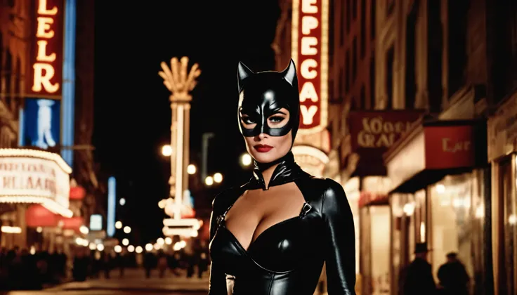 cinematic film still medium shot, standing catwoman woman, background of 1960s (style) new york city street, nightime, shop signs, ads. shallow depth of field, vignette, highly detailed, high budget Hollywood movie, bokeh, cinemascope, moody, epic, gorgeou...