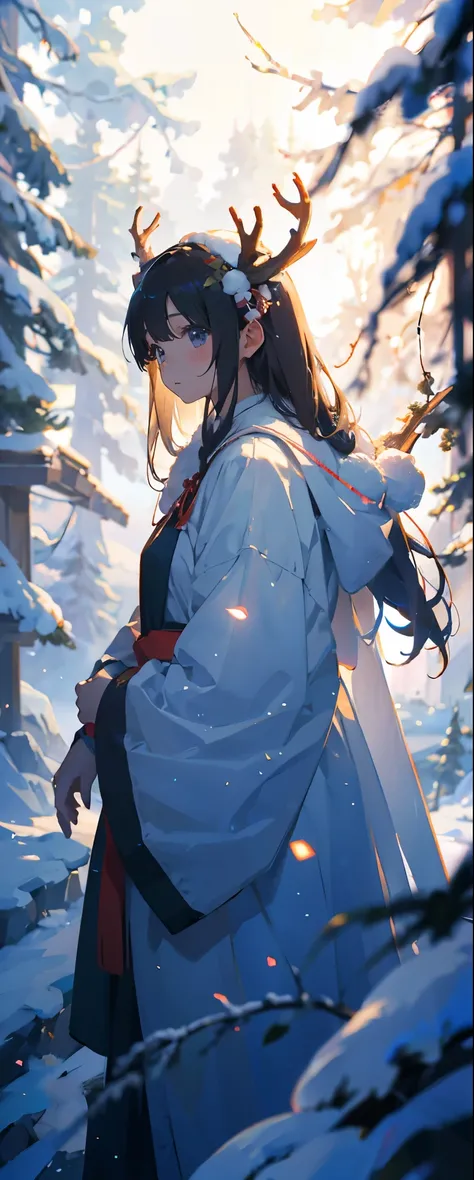 long hair girl，antlers，Snow, 純白的身軀實現Snow仙境, Yan Junchengfeng, Exhale the white air in the transparent air, Together with the ethereal trees, it creates a dreamlike scene, High-quality CG depicts magnificent scenes, Perfect and delicate,The entire scene is ...