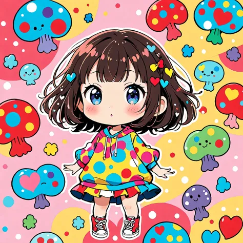 Ultra-realism Yayoi Kusama colorful style, Simple Line Initialism，Abstract art，(((The most beautiful girl of all time))), chibi, colorful hearts, kawaii design, sports fashion, (((キノコ狩り with friends))), (((Cute amoeba)))