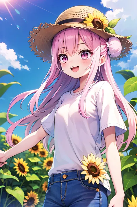 masterpiece,Best Quality,Super detailed,solo,Laugh happily,Sunflower Garden,Straw hat,Sunshine,cloud, short hair,(((White hair ribbon:0.4))), Pink Eyes,(((White bun hair))),(((Pink long hair))) , hair ornament, x Hair accessories,T-Shirts,jeans, 