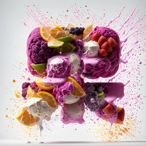 The explosion of fruit ice cream, Highly detailed, Very realistic, Bright environment 