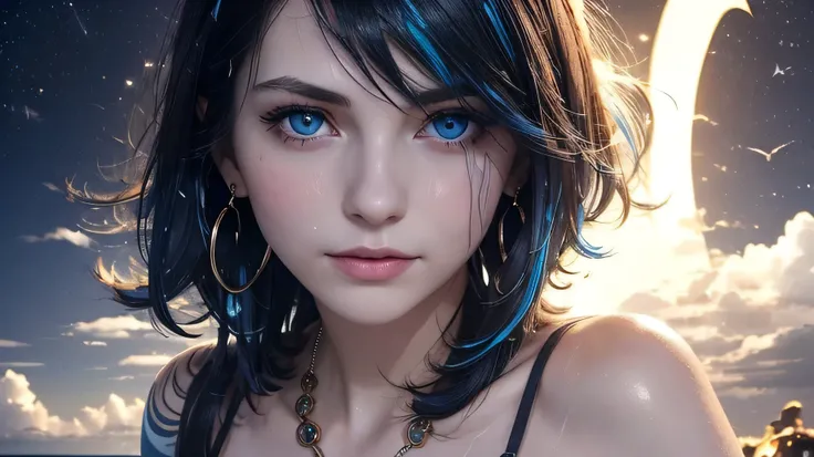 (Midnight:1.4) ((eye closeup shot)). masterpiece, best quality, high quality, 4K, (((black hair, colored inner hair, blue hair))). (bob without bangs) hairstyle with volume,Ukrainian young woman((very pale white skin)), toned body,
((tattoo)), (cropped shi...