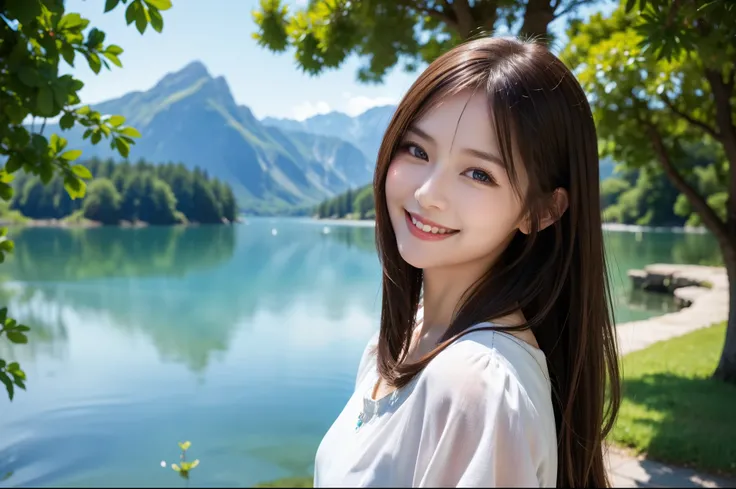 Best Quality　masterpiece　detailed　A very beautiful woman is smiling in front of a beautiful lake　Photo style　Fantasy　Fantasy