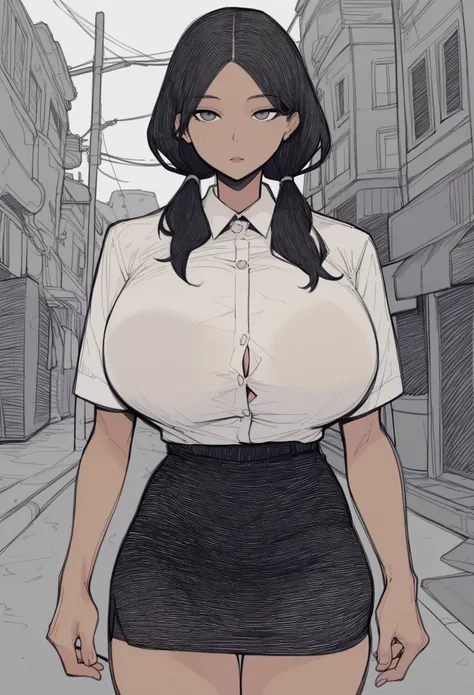 score_9, score_8_up, score_7_up, score_6_up, source_anime, rating_explicit, 1girl, (solo:1.1), huge breasts, black hair, low twintails, black eyes, long hair, grey eyes, hair over shoulder, white shirt, collared shirt, short sleeves, black skirt, pencil sk...