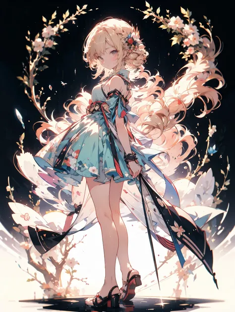 Full Body Style、Blond, fluffy, long hair、princess、Dresses with protruding shoulders、level９９、An illustration、Japan anime style、