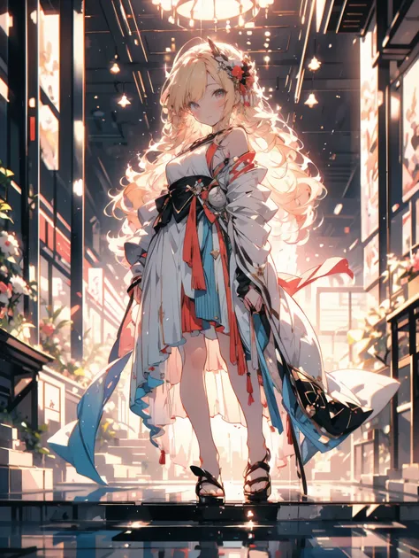 Full Body Style、Blond, fluffy, long hair、princess、Dresses with protruding shoulders、level９９、An illustration、Japan anime style、