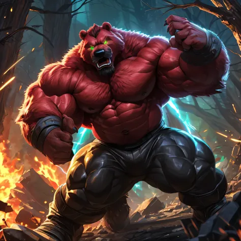 Anthropomorphic badass experiment bodybuilder nightmare bear (realistic, detailed, american shot, muscle mountain, aesthetic body, largest possible muscles, well-built body, 2 meters tall, tall, red fur, aesthetic physique, beefy, massive physique, broad-s...