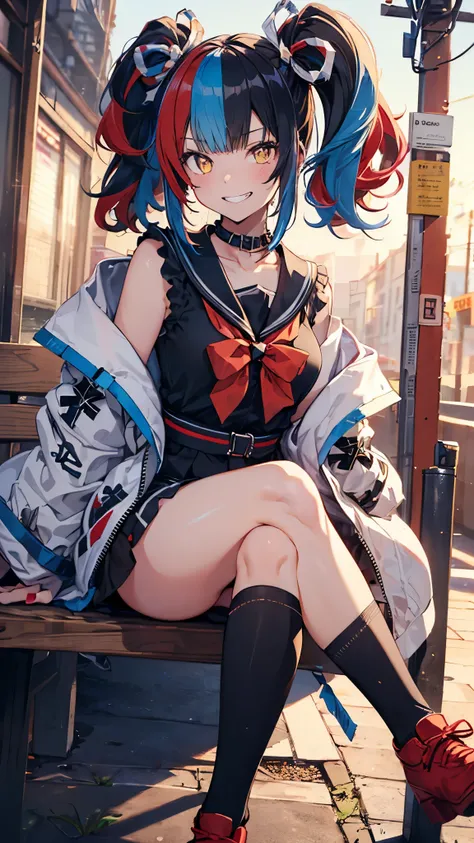 seishonagon, 1girl, solo, yellow eyes, twintails, solo, blue hair,(multicolored hair, black hair, red hair), jacket, collar, serafuku, sailor collar, bowtie, red bow, obi, black socks, knee socks, red footwear, nail polish,(sit cross-legged:1.3), outdoor,g...